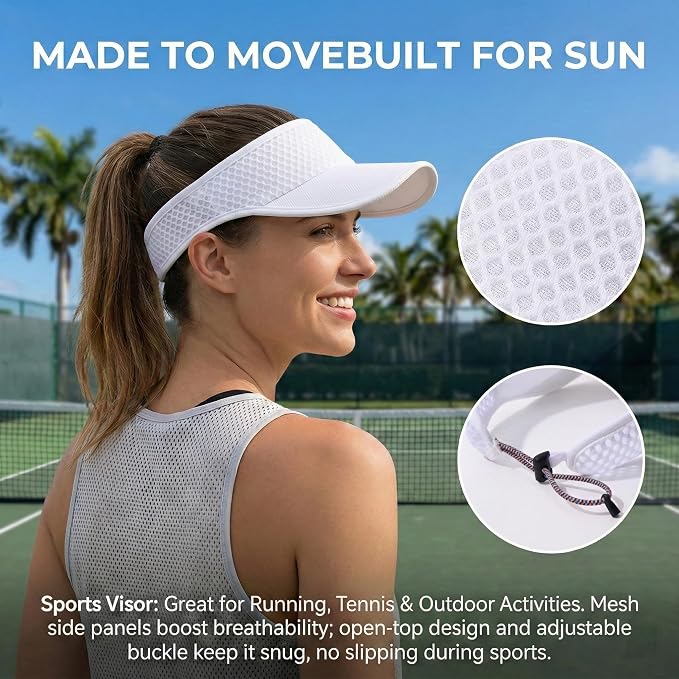 AUSFLUG Sun Visor Hat Men Women - Moisture Wicking Lightweight Sports Cap | Quick dry breathable mesh, adjustable ponytail strap, sun blocking for golf, tennis, pickleball, running, beach, hiking