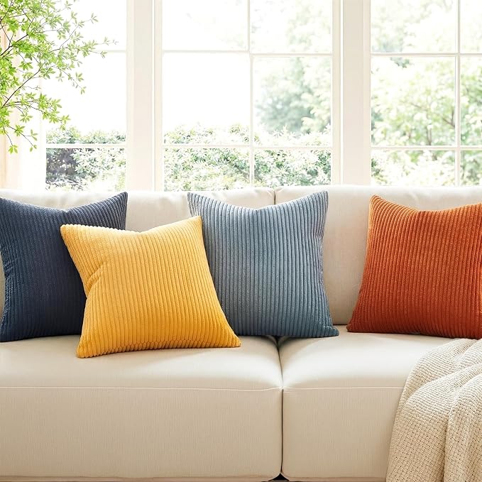 Topfinel Burnt Orange and Blue Couch Pillows Pack of 4 Decorative 16x16 Inch Velvet Pillow Covers for Bed Accent Modern Corduroy Pillowcase Sofa Livingroom Home Decor