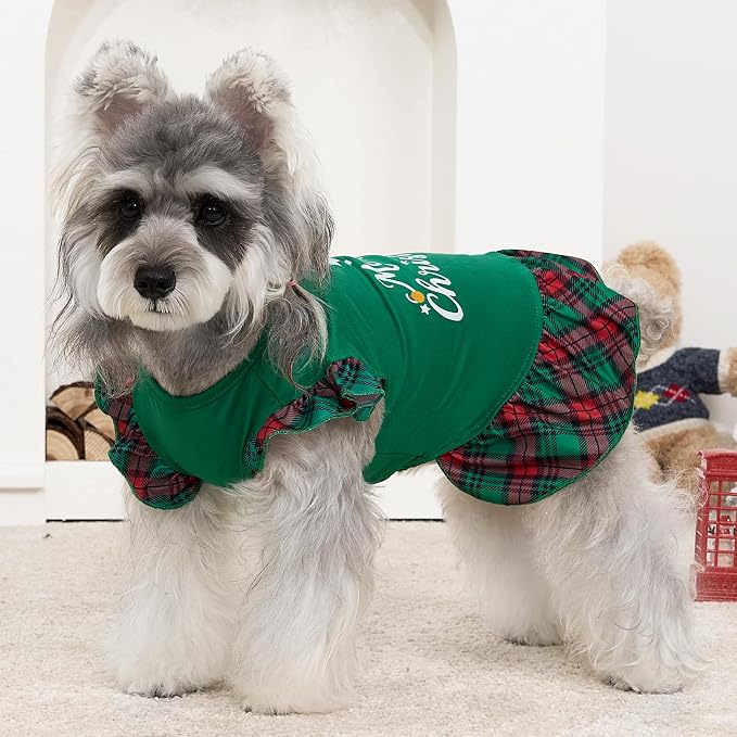 XPUDAC 4 Pack Christmas Dog Dress Plaid Puppy Clothes for Small Dogs Girl Cute Pet Outfit Doggy Apparel Cat Holiday Party Costume, Red, Green, XXS