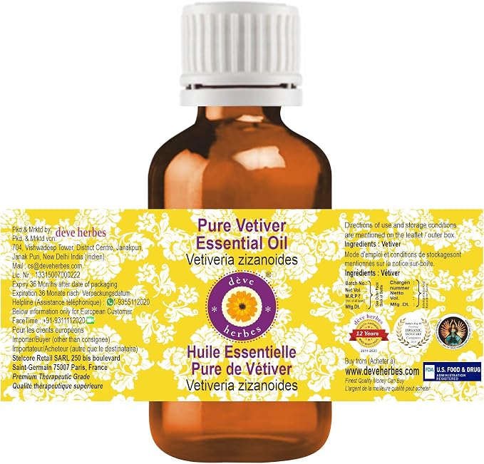 Deve Herbes Pure Vetiver Essential Oil (Vetiveria zizanoides) Steam Distilled 100ml (3.38 oz)