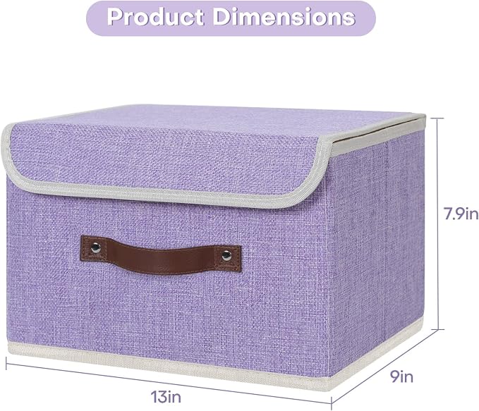ANMINY Fabric Storage Box Bins with Lids, Purple, 13"x9"x7.9" | Keepsake Memory Storage, Cotton Linen, PP Board Reinforced, Washable, PU Handles, Foldable & Stackable, Decorative, Medium