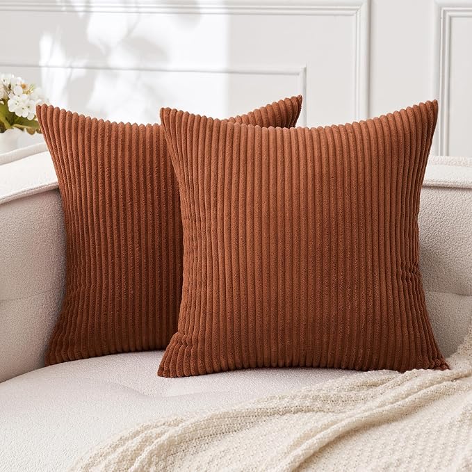 MIULEE Fall Euro Corduroy Throw Pillow Covers Set of 2 24x24 Dark Rust | Decorative Striped Textured Cushion Cases, Boho Rustic Square Pillowcases, Home Decor for Couch Chair Sofa Bed Living Room