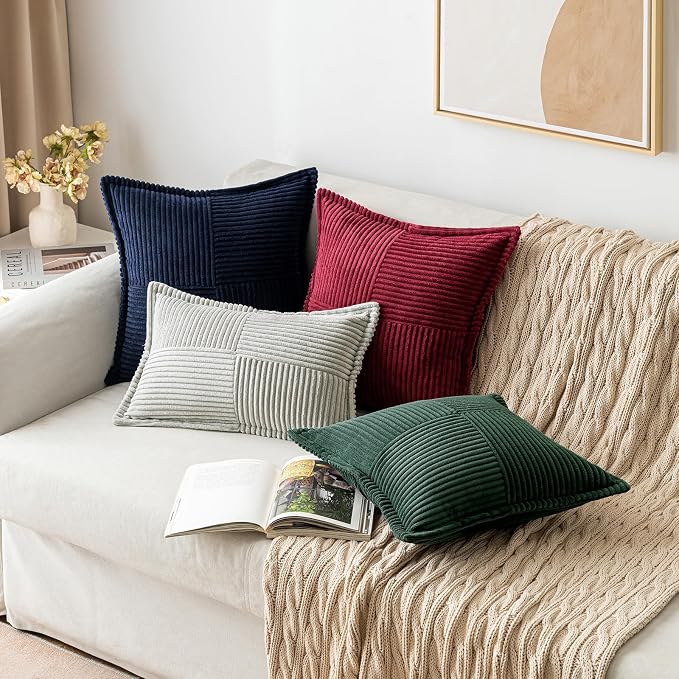 MIULEE Decorative Euro Sham Throw Pillow Covers 24x24 Inch Dark Green | 2 Pack, Boho Broadside Striped Patchwork Pillow Covers, Soft Corduroy Cushion Cases, For Bed Sofa Couch Livingroom Home Decor