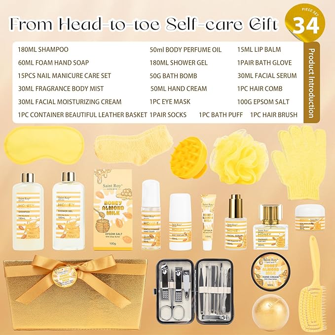 34 Pcs Skin care kit Spa Gift Set for Women & Men, Honey & Almond Milk Bath & Body Gift Basket, Face Skin Care Kit with Shower Gel, Self-Care Manicure, Birthday, Christmas, Mother Day, Anniversary