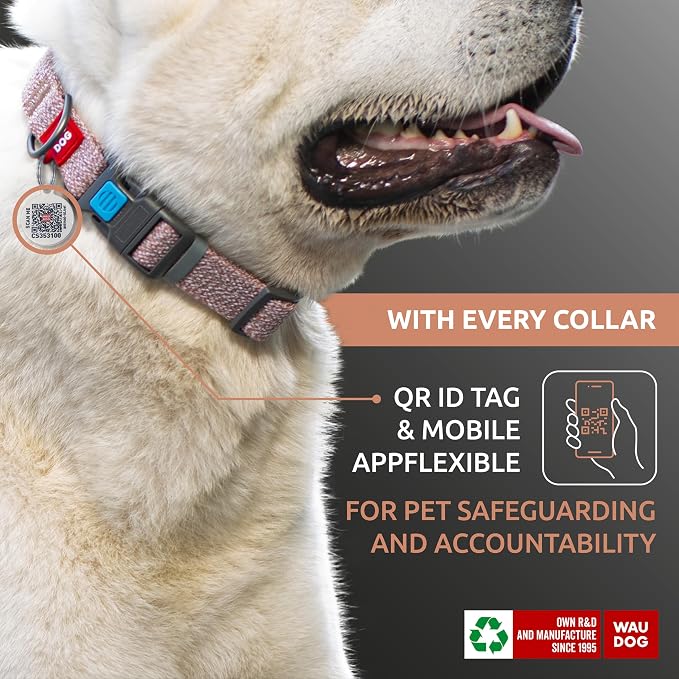 WAUDOG Reflective Cotton Dog Collar Eco-Friendly Alt to Nylon Collar for Small Medium and Large Dogs - Pet Collar with QR ID Tag - Puppy Collar for Large Breed Dogs - Adjustable Male Female Dog Collar