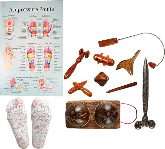 CCcollections Wood Therapy Massage Tools, Reflexology Wooden Stick Tool, Traditional Equipment for Relieving Muscle Pain Body Lymphatic Drainage Massager - (J 9SET+SOCKS)