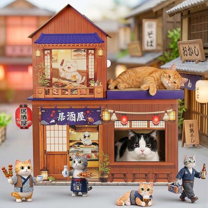 Cardboard Cat Houses for Indoor Cats Kitten Scratcher Houses Izakaya Themed | Cat Condos Hut Hideout Play House Bed with Scratching Pads, Scratch Box for Large Kitty Rabbit Bunny Small Animals
