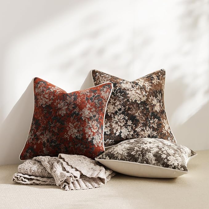 Pack of 2 Vintage Floral Throw Pillow Covers 16x16 Boho Farmhouse Accents Chenille Square Decorative Pillow Cases for Living Room Couch Bed Home Decor, Grey