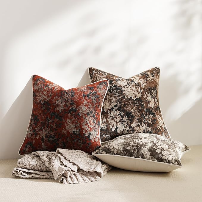 Pack of 2 Vintage Floral Throw Pillow Covers 16x16 Boho Farmhouse Accents Chenille Square Decorative Pillow Cases for Living Room Couch Bed Home Decor, Rust