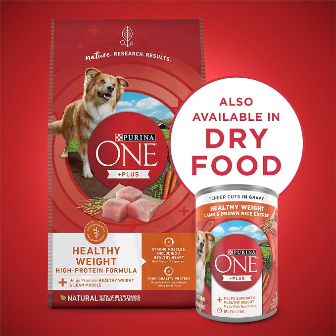 Purina ONE Plus Healthy Weight Wet Dog Food, Tender Cuts, (12) 13oz Cans | Lamb & Brown Rice Entree in gravy helps support dog's healthy weight, high protein recipe made with real lamb and no fillers
