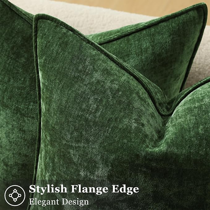 decorUhome Chenille Moss Green Velvet Throw Pillow Covers 16x16 Set of 2 | Fall Soft Couch Decorative Modern Farmhouse Pillow Cases with Elegant Design for Sofa Bed Living Room Home Decor