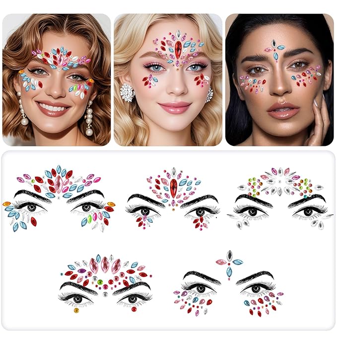 Erythem Face Gems for Women 7 Sheets Face Jewels Stick On Self Adhesive Rhinestones Stickers for Rave Carnival Music Festival Party