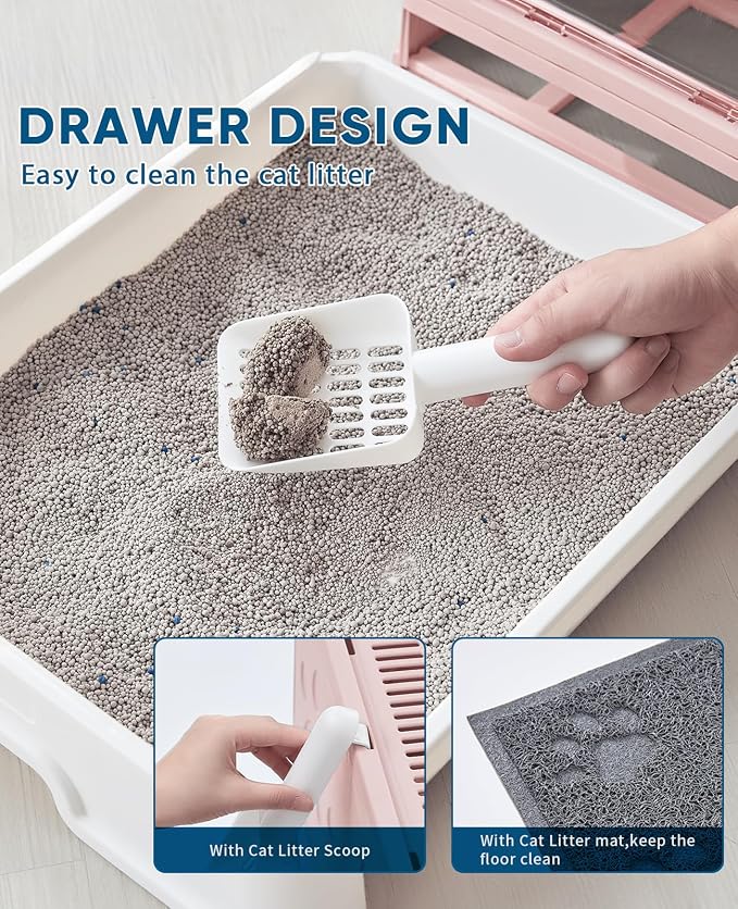Medario Cat Litter Box with Litter Mat and Scoop(Pink) | Large Covered Litter Box with Lid, Enclosed Kitty Box, Front Entry Top Exit, Odor Control, Easy to Clean