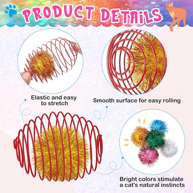Jecery 5 Pcs Cat Toys Spring,Glitter Balls,Multicolor