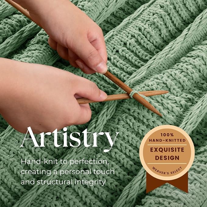 Boho Knitted Chenille Blanket with Tassels - Lightweight & Soft All-Season Throw - 3D Classic Pattern for Living Room Bedroom Couch, Sage Green, Queen 90"x90"