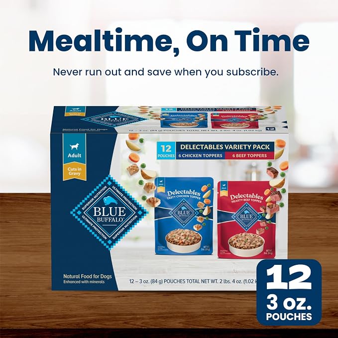 Blue Buffalo Delectables Variety Pack Dog Food Topper, 3 oz, 12 ct | Grain-Free, Chicken & Beef Recipes, Real Meat Cuts in Gravy, Single-Serve Pouches