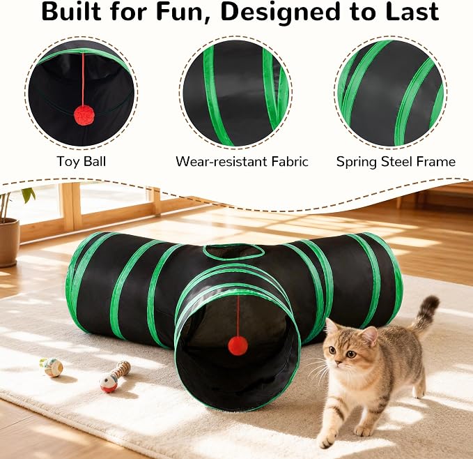 Tempcore Cat Tunnel, 3-Way Collapsible Toy for Indoor Cats, Black & Green