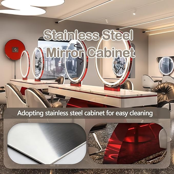 4-Person Salon Station for Hair Stylist with Retro-Futuristic Style, Barber Station includes LED Round Mirror, Red Metal Design, for Beauty Salon