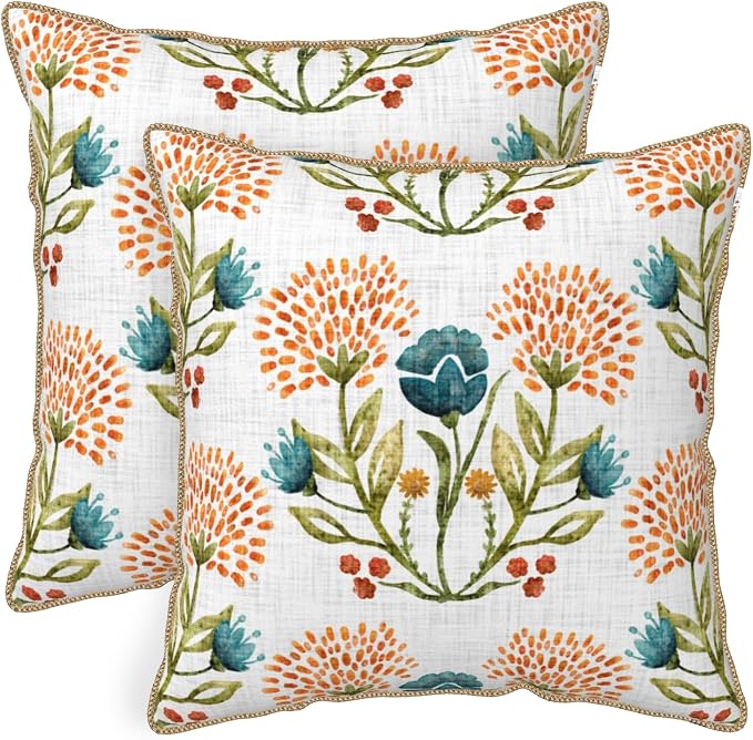 KSLIDS Floral Leaf Soft Velvet Throw Pillow Covers Set of 2 Orange Flowers Sage Green Leaves Decorative Pillow Covers 16x16 Inch Farmhouse Pillow Case for Sofa Couch Living Room Home Decor