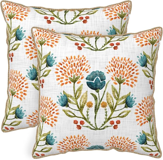 KSLIDS Floral Leaf Soft Velvet Throw Pillow Covers Set of 2 Orange Flowers Sage Green Leaves Decorative Pillow Covers 20x20 Inch Farmhouse Pillow Case for Sofa Couch Living Room Home Decor