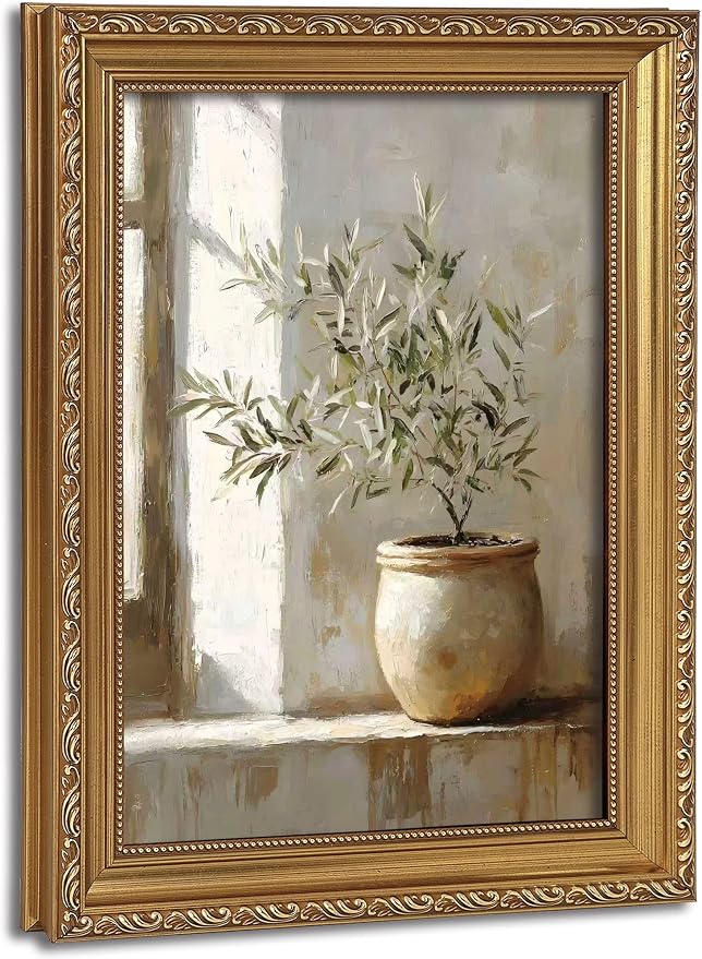 Vintage Gold Framed Wall Art Rustic Olive Branch Canvas Prints 16x24in | Farmhouse Still Life, Neutral Potted Plant Paintings, For Living Room Bedroom Kitchen