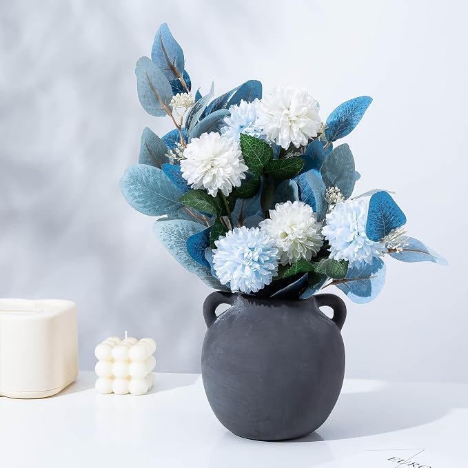 Black Vase Home Decor - 6in Ceramic Vase for Flowers - Small Round Vases for Decor - Farmhouse Vases for Pampas Grass, Decorative Vase for Bouquet, Lyeec Clay Pottery Rustic Terracotta Vase