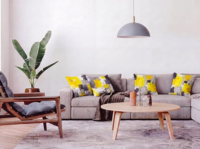 Yellow Grey Abstract Throw Pillow Covers 18x18 Set of 4 | Mustard Yellow & Grey Modern‑Art Cushion Cases, neutral aesthetic pillowcases for sofa, bedroom & chair.