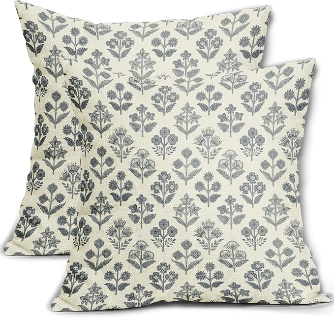 Dusty Blue Floral Pillow Covers 18x18 Inch Set of 2, Vintage Flower Block Print Pattern Decorative Throw Pillowcases Outdoor Farmhouse Cushion Covers Spring Summer Rustic Sofa Couch Bed Decor