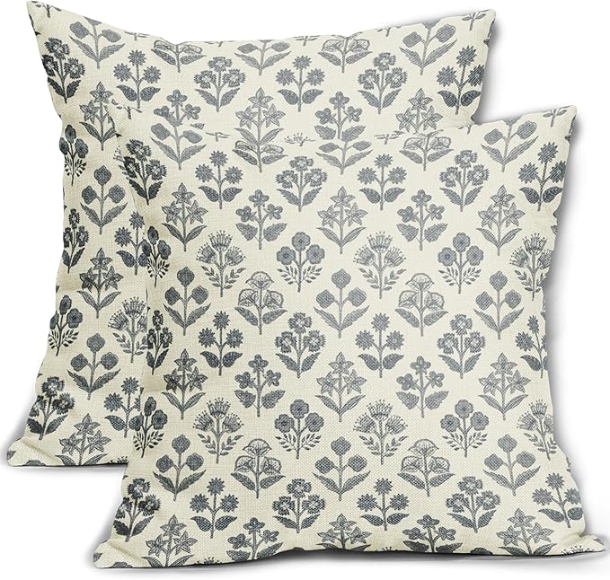 Dusty Blue Floral Pillow Covers 24x24 Inch Set of 2, Vintage Flower Block Pattern Decorative Throw Pillowcases Outdoor Farmhouse Cushion Covers Spring Summer Rustic Decoration Sofa Couch Bed Decor