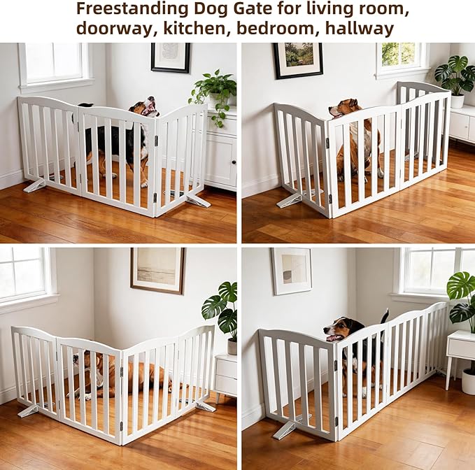 ZJSF Foldable Freestanding Indoor Dog Gate for House Wood White Long Pet Gates Dog Fence for Stairs Puppy Gates for Hallways,Pet Fence, Puppy Gate,Support Feet Included 24 "Height-3 Panels