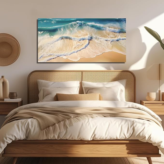 DNIEOTU Large Beach Wall Art for Living Room, Ocean Waves Canvas Wall-Decor for Bedroom, Landscape Picture Prints for Hallway Office, Size 59 x 29 Inches