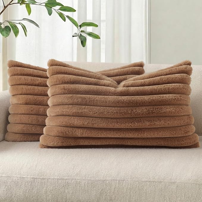 Pallene Faux Fur Decorative Throw Pillow Covers 12x20 Set of 2, Brown | Luxury Plush Texture, Striped Design, Cozy Soft Touch, Modern Home Accent Decor for Couch, Sofa, Bed, Living Room