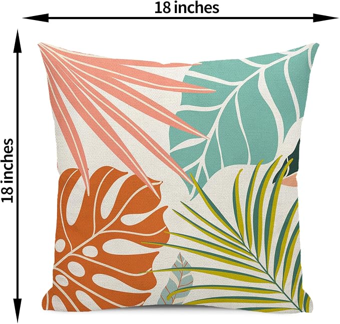 Summer Tropical Pillow Covers 18x18 Set of 2, Monstera Palm Leaf Pillowcase Green Orange Botanical Coral Summer Throw Pillows Outdoor Decor Farmhouse Cushion Case Linen Decorative for Home