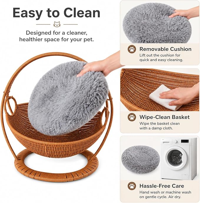 Wicker Cat Bed Elevated Cat Lounger Multifunctional Pet Furniture with Removable Cushion for Indoor Pets