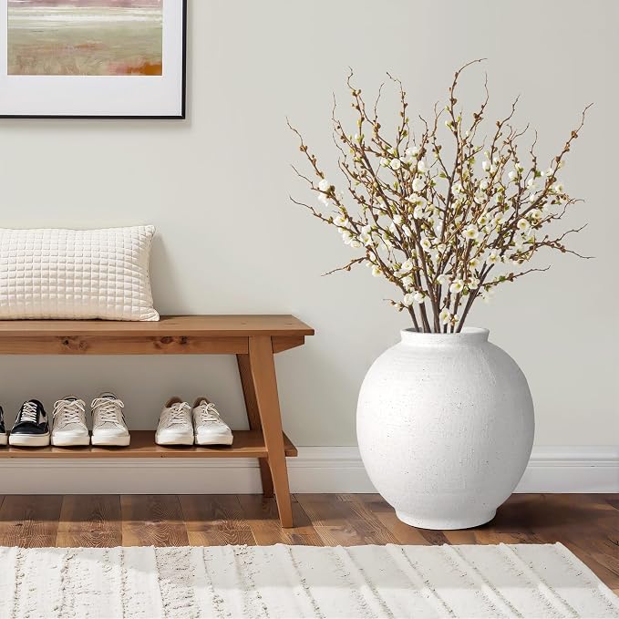 11" White Ceramic Vase, Large Round Ceramic Flower Vase | Artisan Handcrafted,Rustic Farmhouse Living Room Home Decor