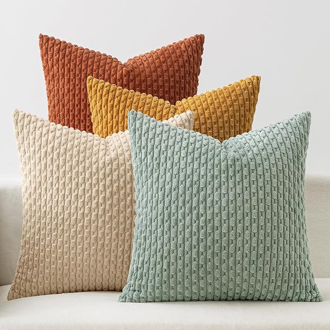 MIULEE Teal Orange Decorative Throw Pillow Covers for Couch Boho Farmhouse Cushion Covers Soft Corduroy Pillowcase Rustic Home Decor for Bed Sofa Living Room 18x18 Inch Set of 4