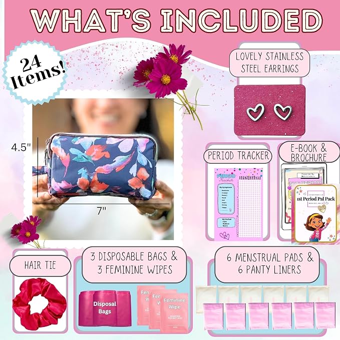 First Period Pal Pack to-Go Kit | 24 pcs | First Period Kit for Tweens | Teen Period Kit| Discrete Period Bag, Pads, Panty Liners, Period Kits for Tweens 10-12 (Gentle Flowers)