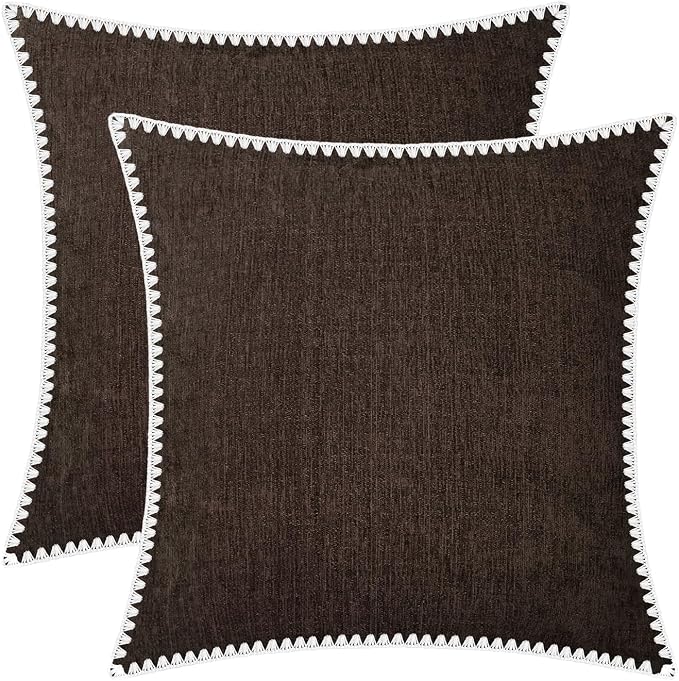 BRAWARM Chenille Throw Pillow Covers 18x18 Inches, Coffee, 2 Pack | Decorative Pillow Covers with Shell Edge, Soft Cushion Cases for Sofa Bed Living Room Home Farmhouse (No Insert)