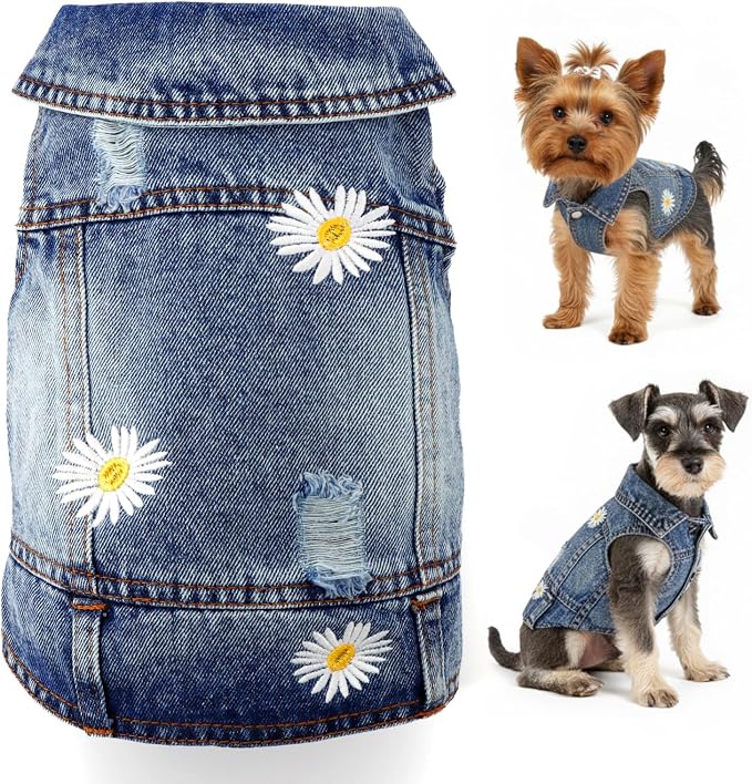 Dog Denim Jacket with Daisy Embroidery for Small Dogs, XL, Chest 17-18 in | Ripped vintage jean vest for puppies, Chihuahuas and Pugs, cotton-blend outfits for spring summer fall festival and daily