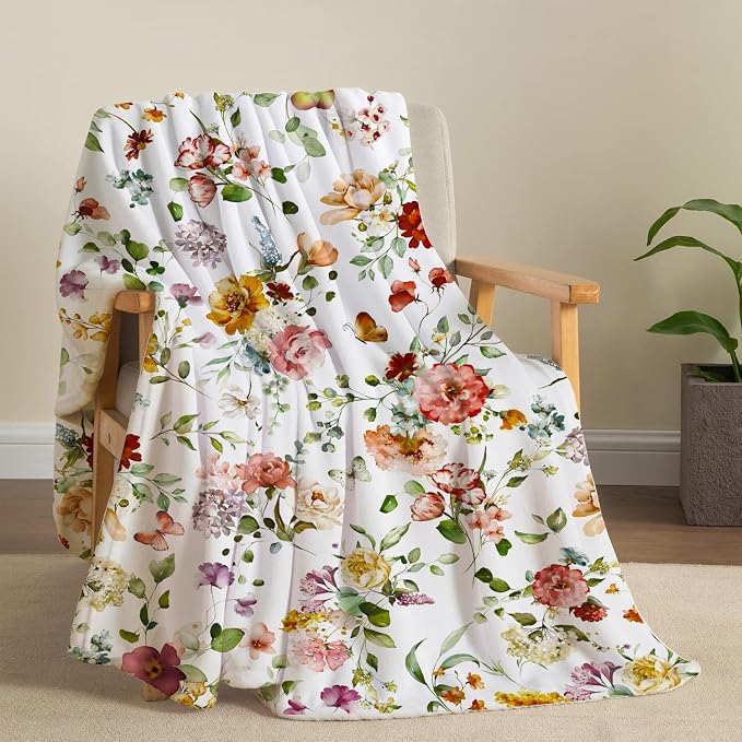 Watercolor Flowers Throw Blanket Botanical Floral Throw Blanket Ultra Soft Flannel Fleece Bed Blanket Cozy Fuzzy Plush Couch Cover Lightweight Wildflowers Plants Blanket for Sofa Bed 60" X 80"