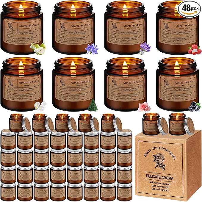 MTLEE 48 Pcs Scented Candles Bulk End of Year Teacher Thank You Gift Candles Wedding Aromatherapy Soy Wax Jar for Birthday CNA Week Appreciation Staff Coworker Guest Favor(Amber)