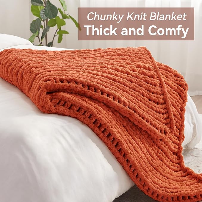 Negwoo Chunky Knit Throw Blanket, Knitted Throw Chenille Yarn, 40"*50" | Soft Thick Cable Knitted Blankets, Handmade Big Thick Blanket, Machine Washable Cute Comfy Blanket for Home Decor, Orange