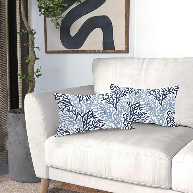Summer Coastal Coral Lumbar Pillow Covers 12x20 Inch Set of 2 Nautical Blue Whtie Ocean Themed Beach Pillow Cases Outdoor Linen Square Cushion Cover Farmhouse Decor for Bedroom Home Sofa Couch
