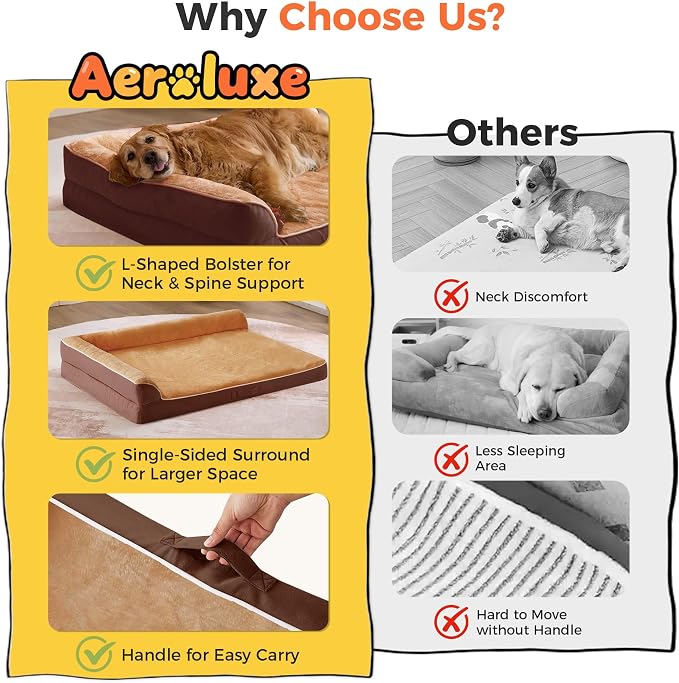 XXL Orthopedic Dog Bed, Extra Large Dogs, 48"x35"x7.5", Brown | Waterproof, Washable Cover, L-Shaped Pet Couch, Egg-Crate Foam for Pressure Relief, Portable Handle