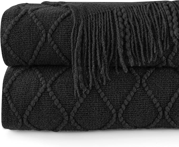 inhand Black Knitted Throw Blanket for Couch and Bed, 60"x80" | Soft Cozy Knit Blanket with Tassel, Lightweight Decorative Blankets and Throws, Farmhouse Warm Woven for Men and Women