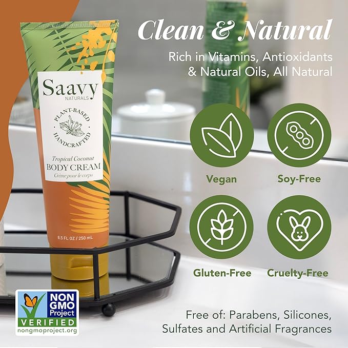 Saavy Naturals Deeply Hydrating Body Cream for Dry Skin – Nourishing Shea Butter, Plant-Based & Sustainably Sourced – Tropical Coconut – 8.5 fl oz