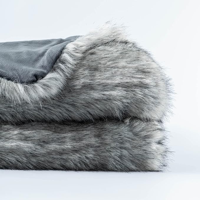 BATTILO HOME Grey Faux Fur Throw Blankets 60x80 in Luxury Decorative Fuzzy Warm Cozy Fake Fur Blanket for Bed Sofa Couch | Luxury Soft Cozy Plush Elegant Furry Fluffy Faux Fur Blanket for Couch, Sofa, Living Room, Long Pile with Black Tips