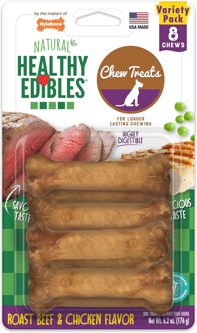 Nylabone Healthy Edibles Dog Treats, Roast Beef & Chicken Flavor, 8 Count | X-small, roast beef & chicken flavor, natural dog chews, made in USA, long lasting chews for small dogs up to 15 lbs