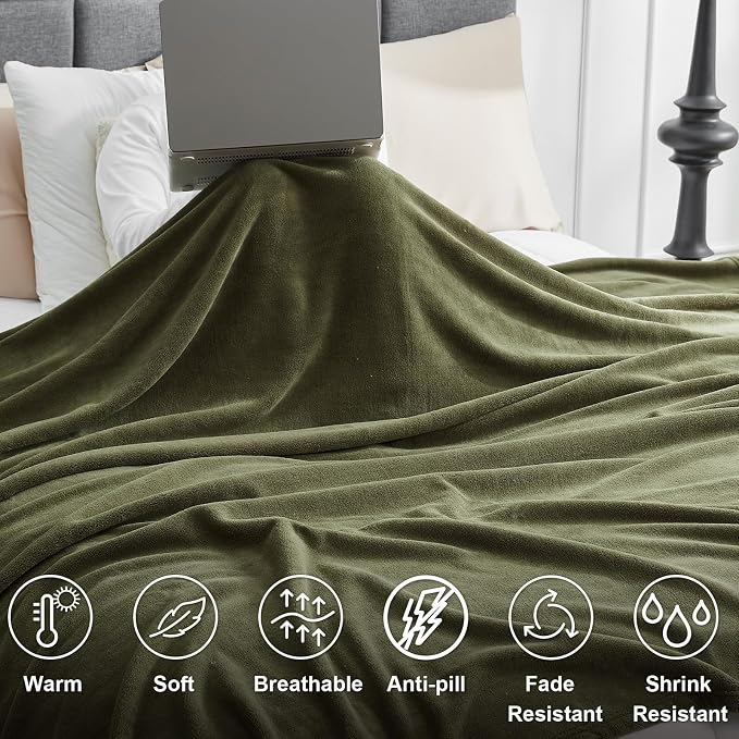 Hansleep Throw XL Moss Green Fleece Blanket, Soft Flannel Bed Blanket | Fuzzy Cozy Blanket 50x70 Inches, Multi-use for Bed, Sofa, Couch, Travel, Camping, All Season Warm Lightweight Cover
