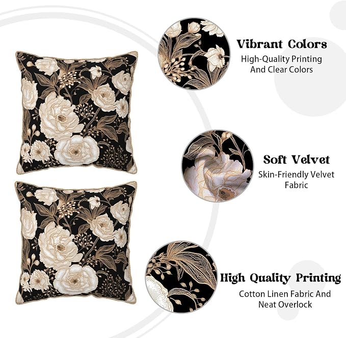 Vintage Peonies Roses Flower Velvet Pillow Covers 18x18 Inch Gold White Aesthetic Floral Leaves Throw Pillows For Couch Cushion Covers Pillowcase Farmhouse Pillow Cases for Sofa Bed Living Room